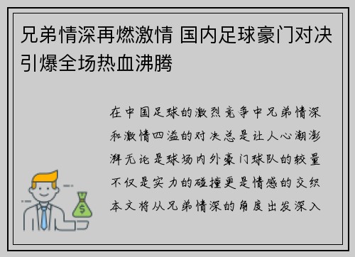 兄弟情深再燃激情 国内足球豪门对决引爆全场热血沸腾