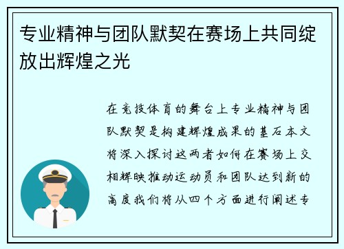 专业精神与团队默契在赛场上共同绽放出辉煌之光