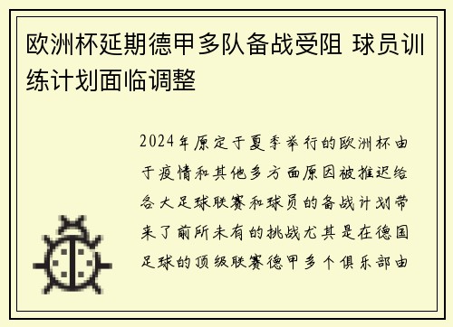 欧洲杯延期德甲多队备战受阻 球员训练计划面临调整