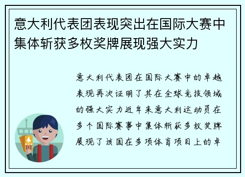 意大利代表团表现突出在国际大赛中集体斩获多枚奖牌展现强大实力