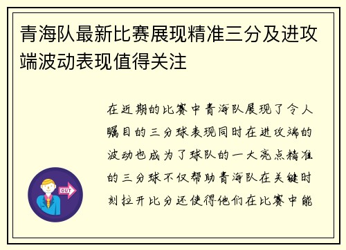青海队最新比赛展现精准三分及进攻端波动表现值得关注