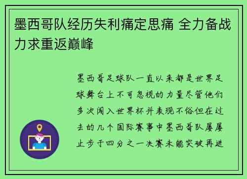墨西哥队经历失利痛定思痛 全力备战力求重返巅峰