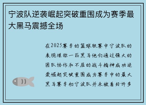 宁波队逆袭崛起突破重围成为赛季最大黑马震撼全场
