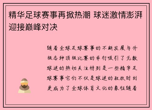 精华足球赛事再掀热潮 球迷激情澎湃迎接巅峰对决